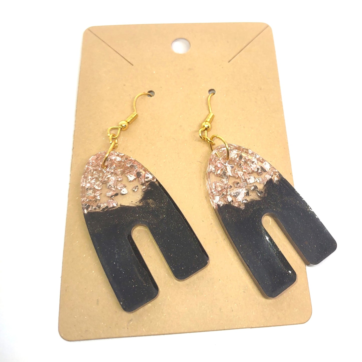 Rose Gold Stones Black Resin High Arch Earrings