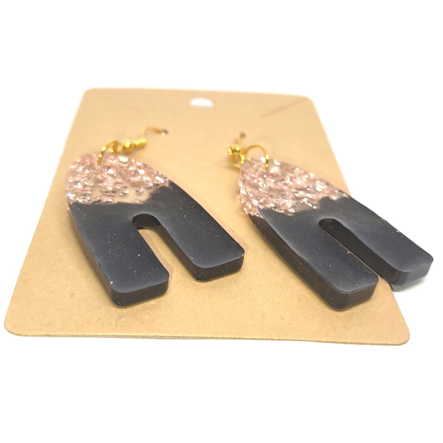 Rose Gold Stones Black Resin High Arch Earrings