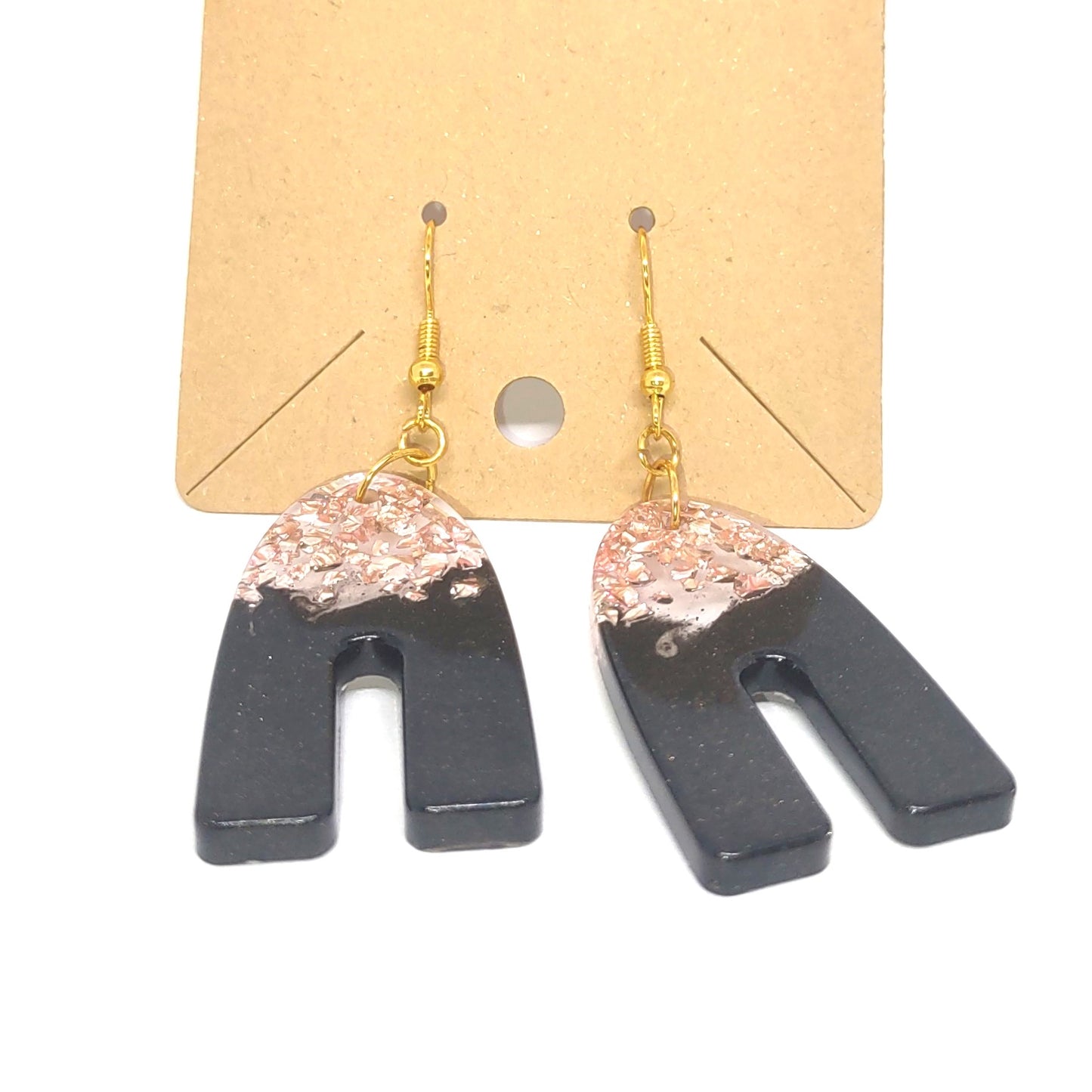 Rose Gold Stones Black Resin High Arch Earrings