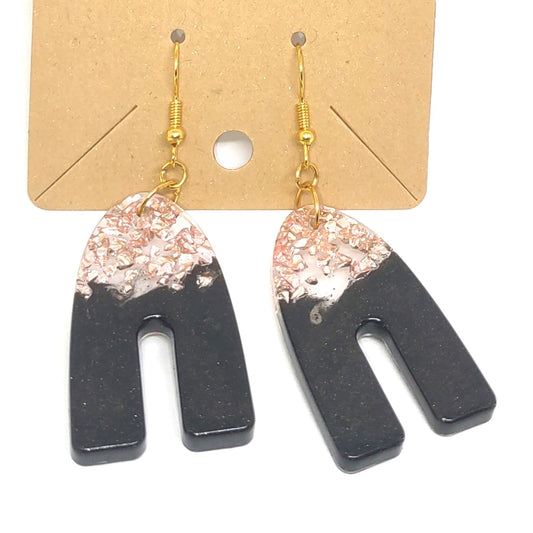 Rose Gold Stones Black Resin High Arch Earrings