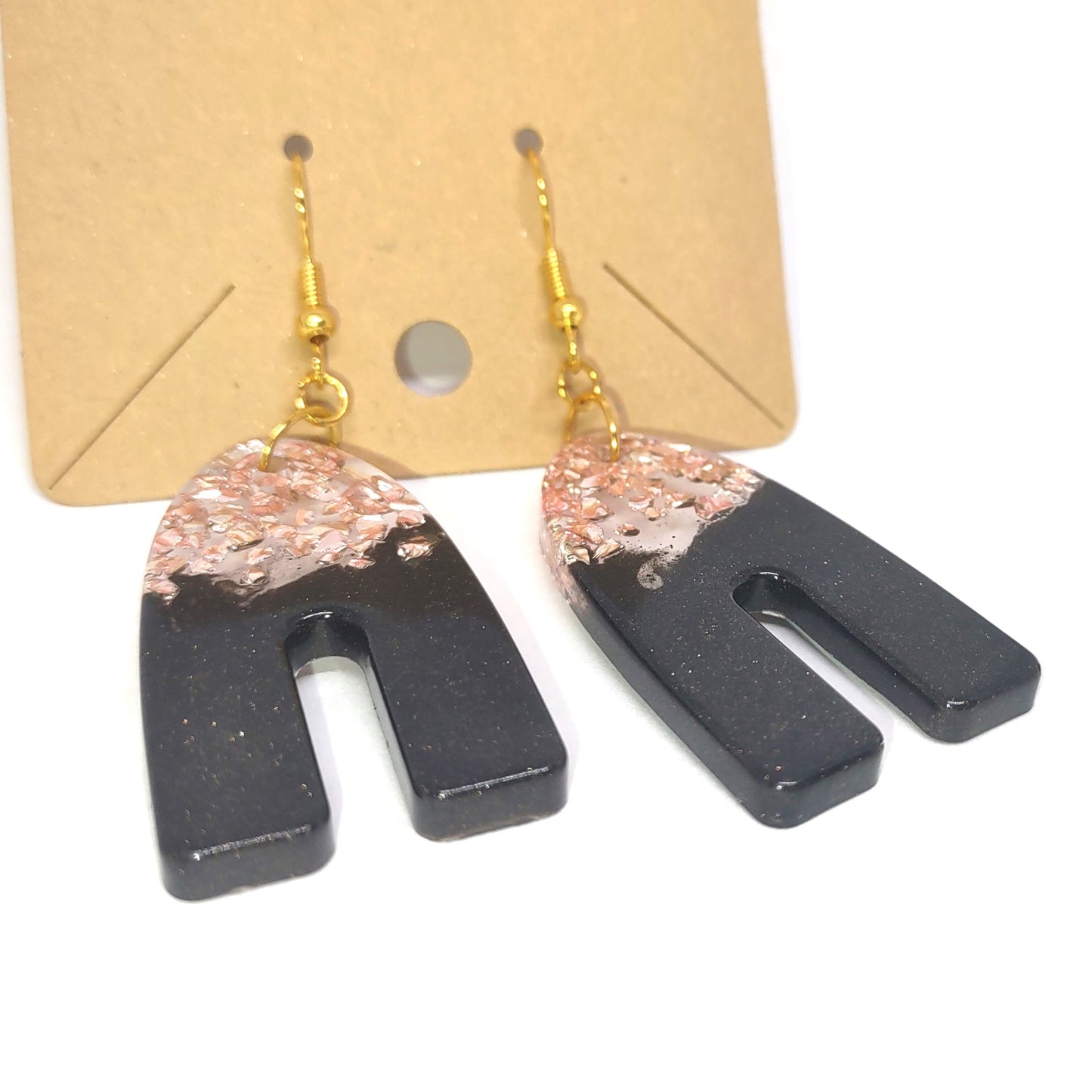 Rose Gold Stones Black Resin High Arch Earrings