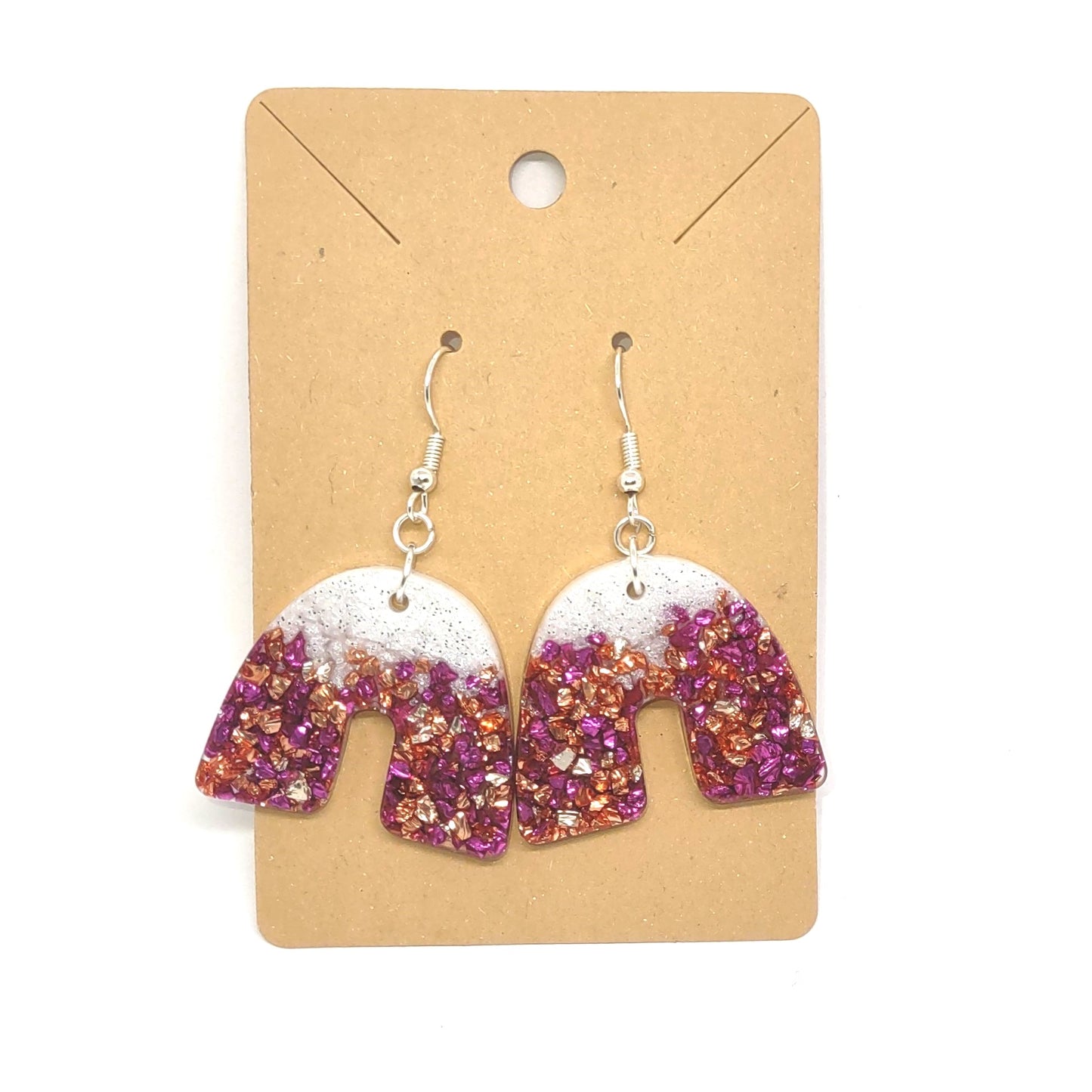 Pink Copper Golden Stones Glittering White Resin Arch Earrings