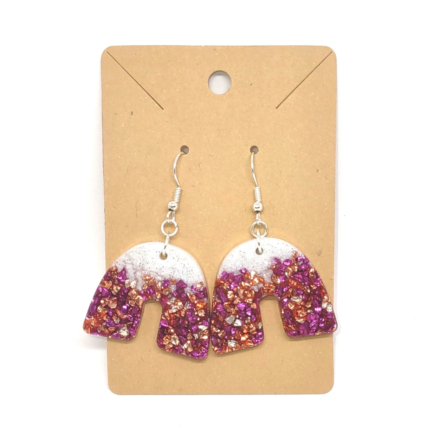 Pink Copper Golden Stones Glittering White Resin Arch Earrings