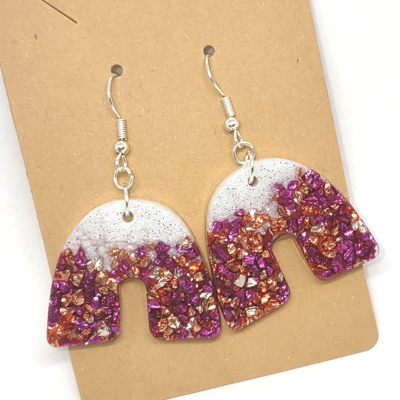 Pink Copper Golden Stones Glittering White Resin Arch Earrings