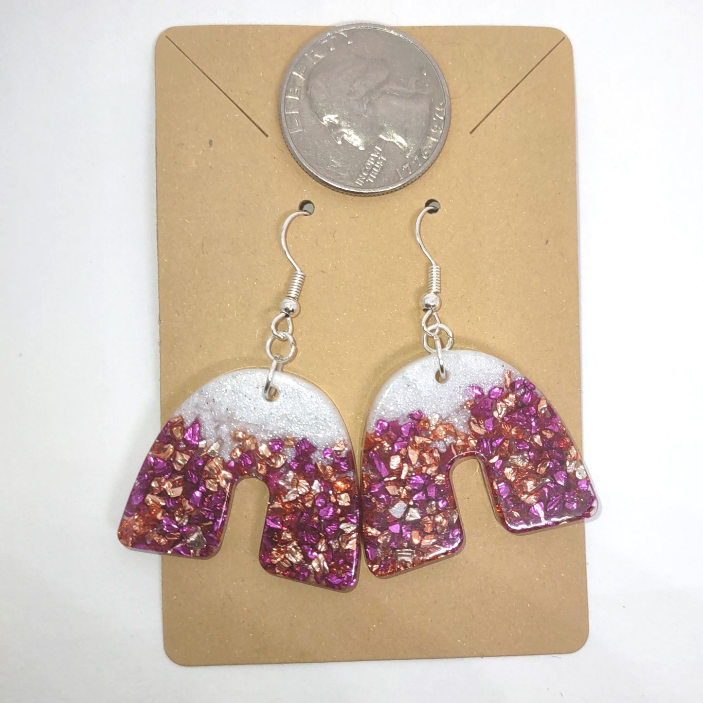 Pink Copper Golden Stones Glittering White Resin Arch Earrings