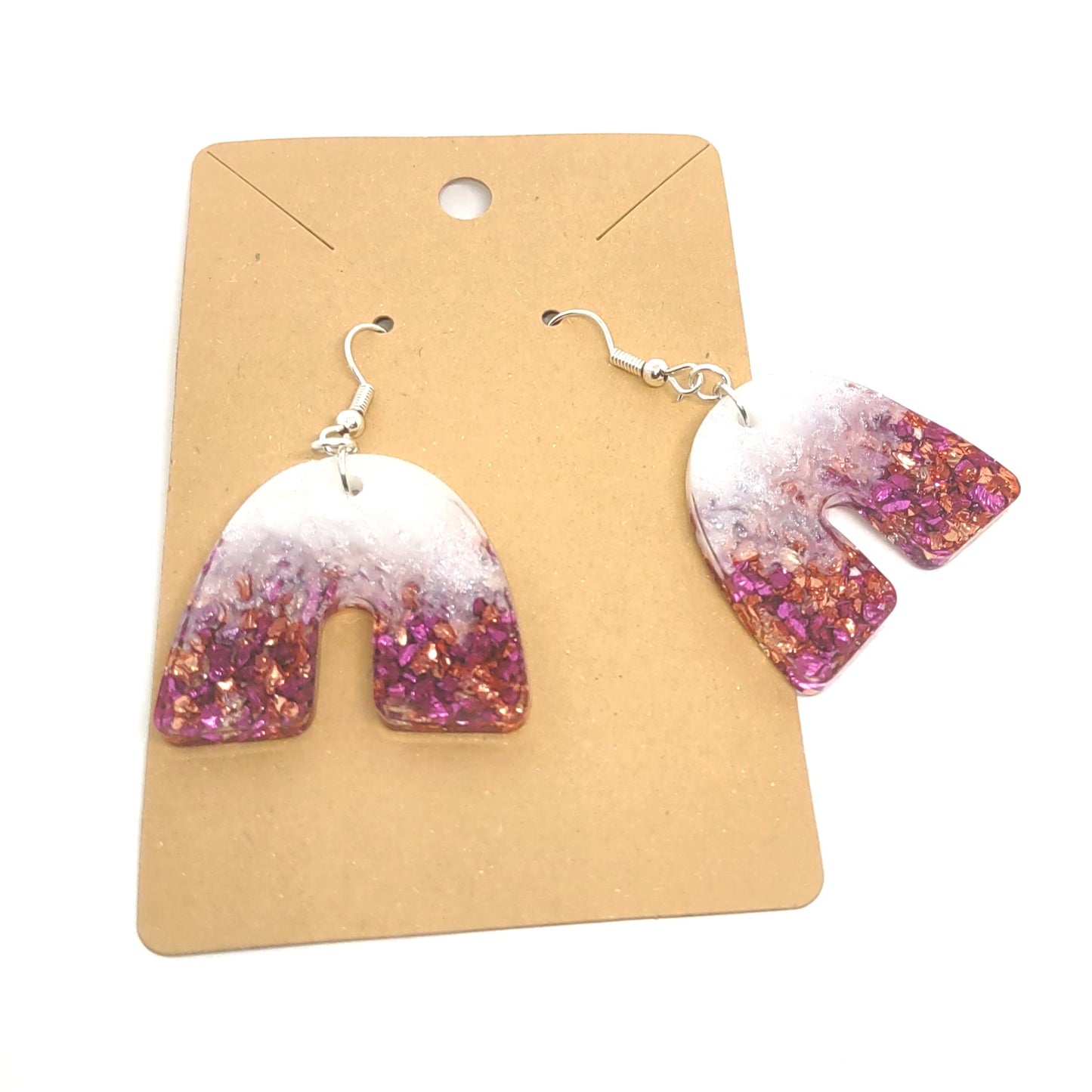 Pink Copper Golden Stones Glittering White Resin Arch Earrings