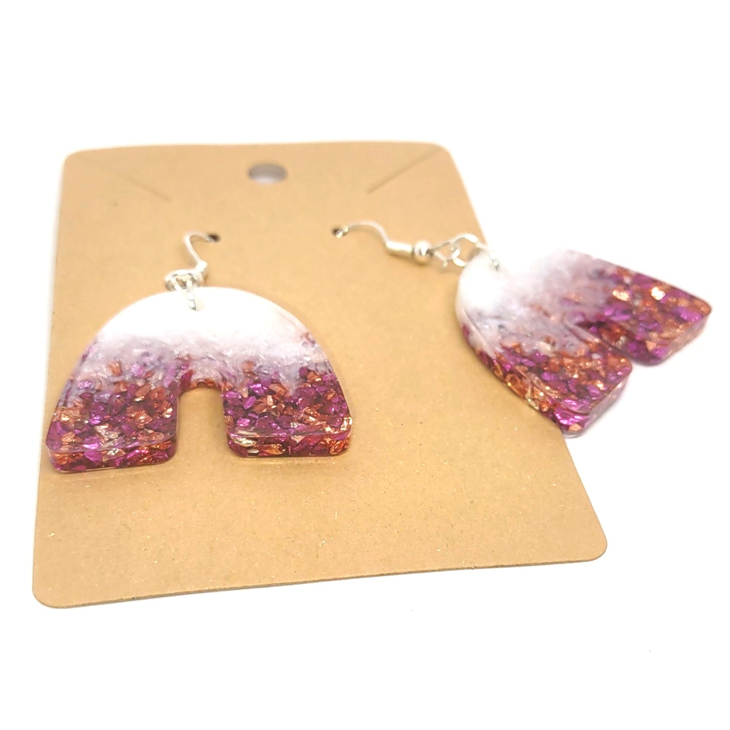 Pink Copper Golden Stones Glittering White Resin Arch Earrings