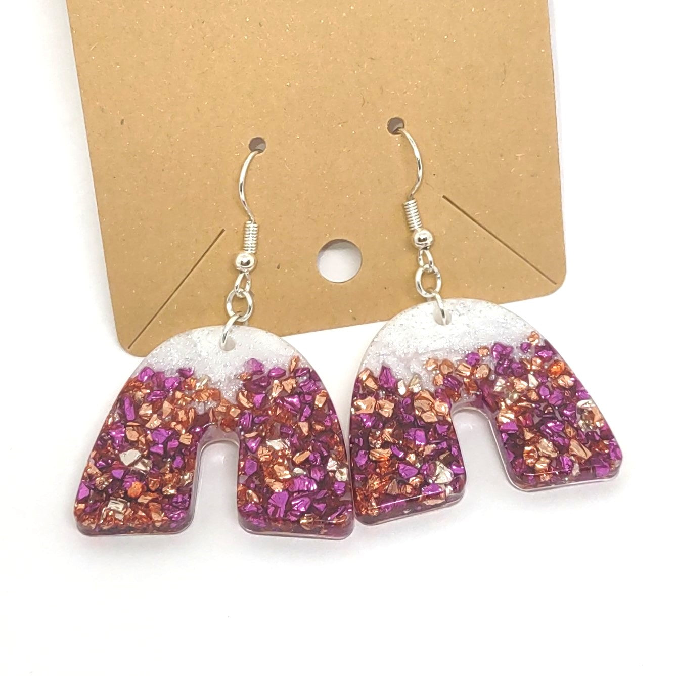 Pink Copper Golden Stones Glittering White Resin Arch Earrings