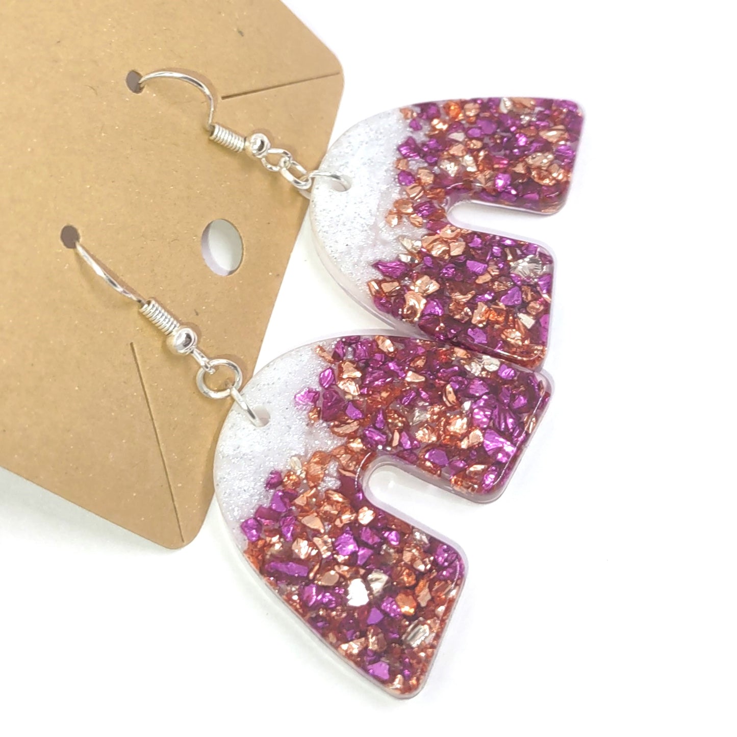 Pink Copper Golden Stones Glittering White Resin Arch Earrings