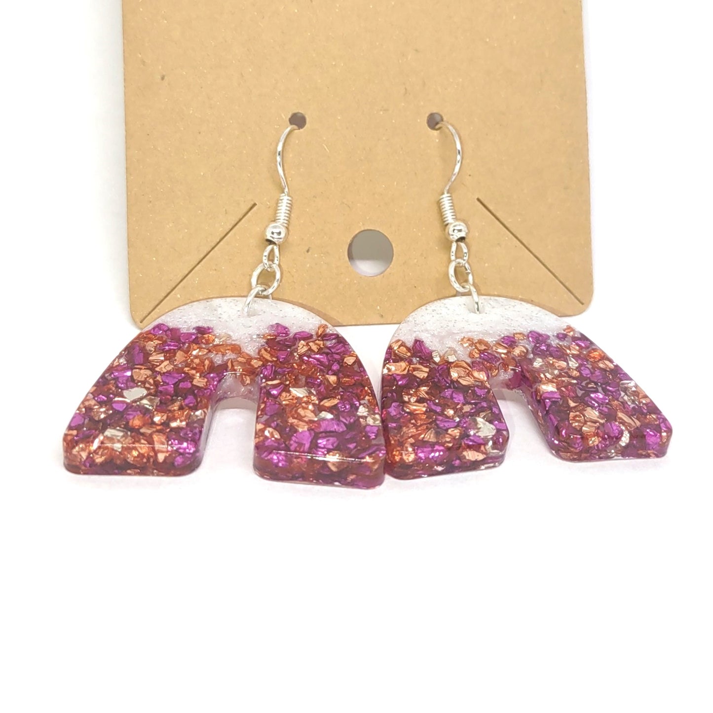 Pink Copper Golden Stones Glittering White Resin Arch Earrings