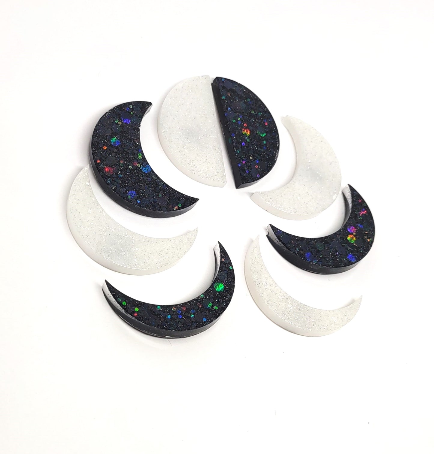 Moon Phase Magnet Set Resin Midnight Black Holographic & Silver Glitter