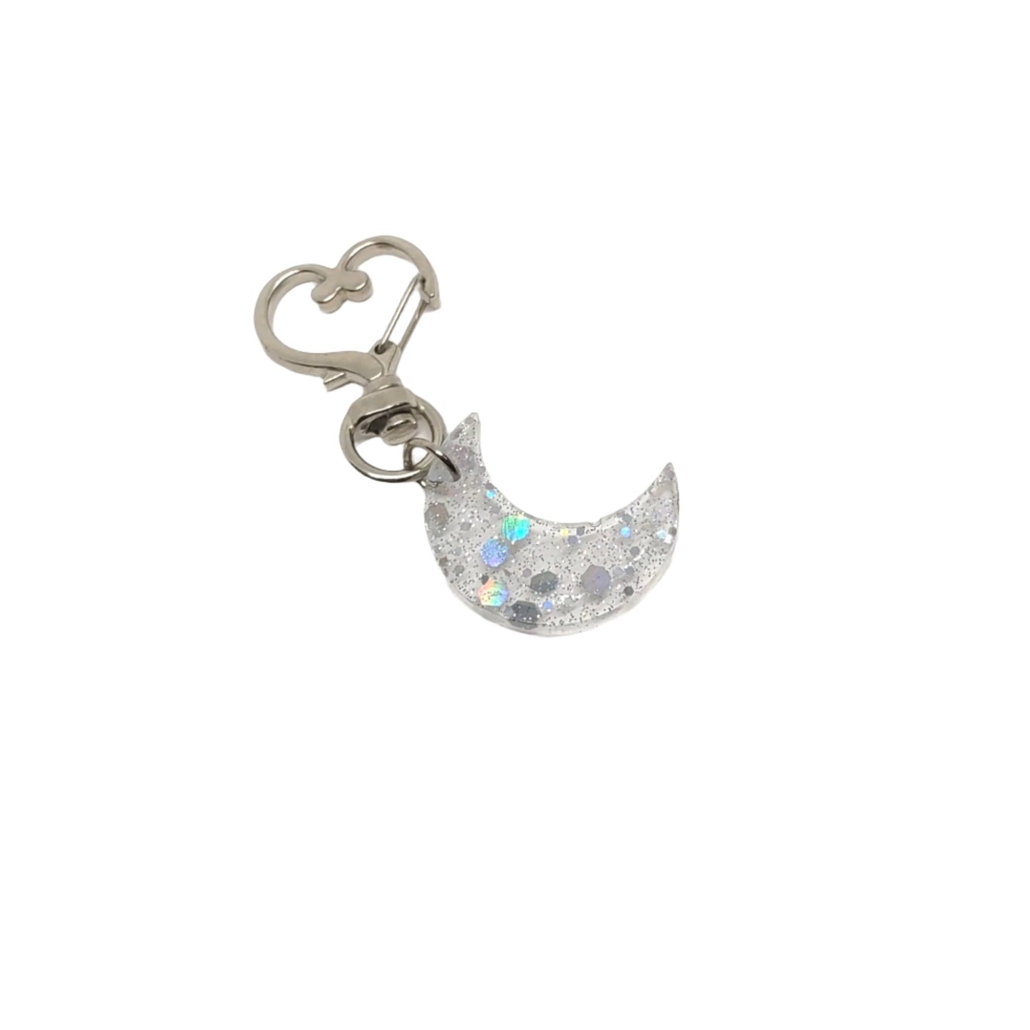 Moon Adornment with Heart Clasp Holographic Glitter Hand Crafted Resin Accessory