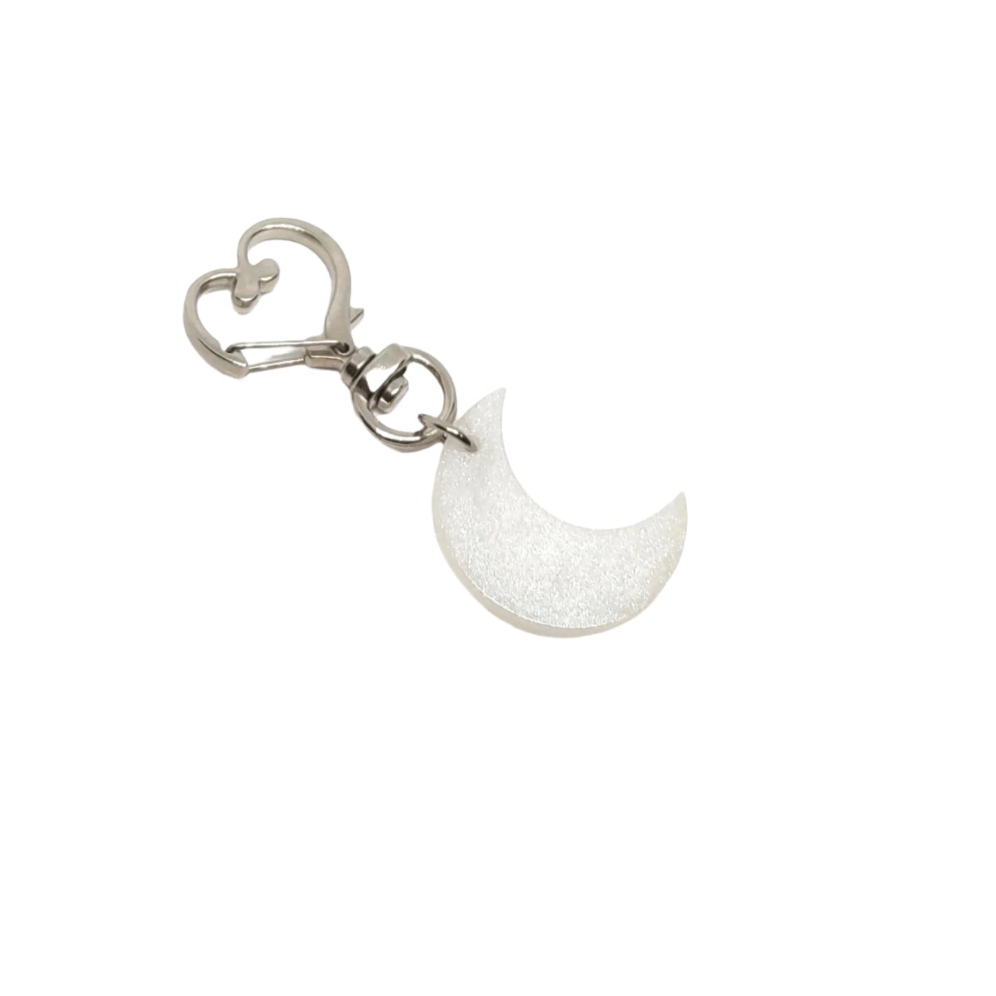 Moon Adornment with Heart Clasp Shimmering White Glitter Hand Crafted Resin Accessory