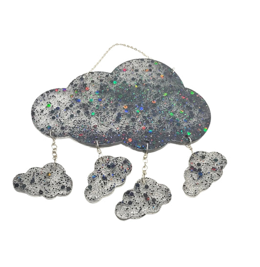 Cloud Window Hang Sun Catcher Midnight Black Holographic Glitter Hand Crafted Resin Decor