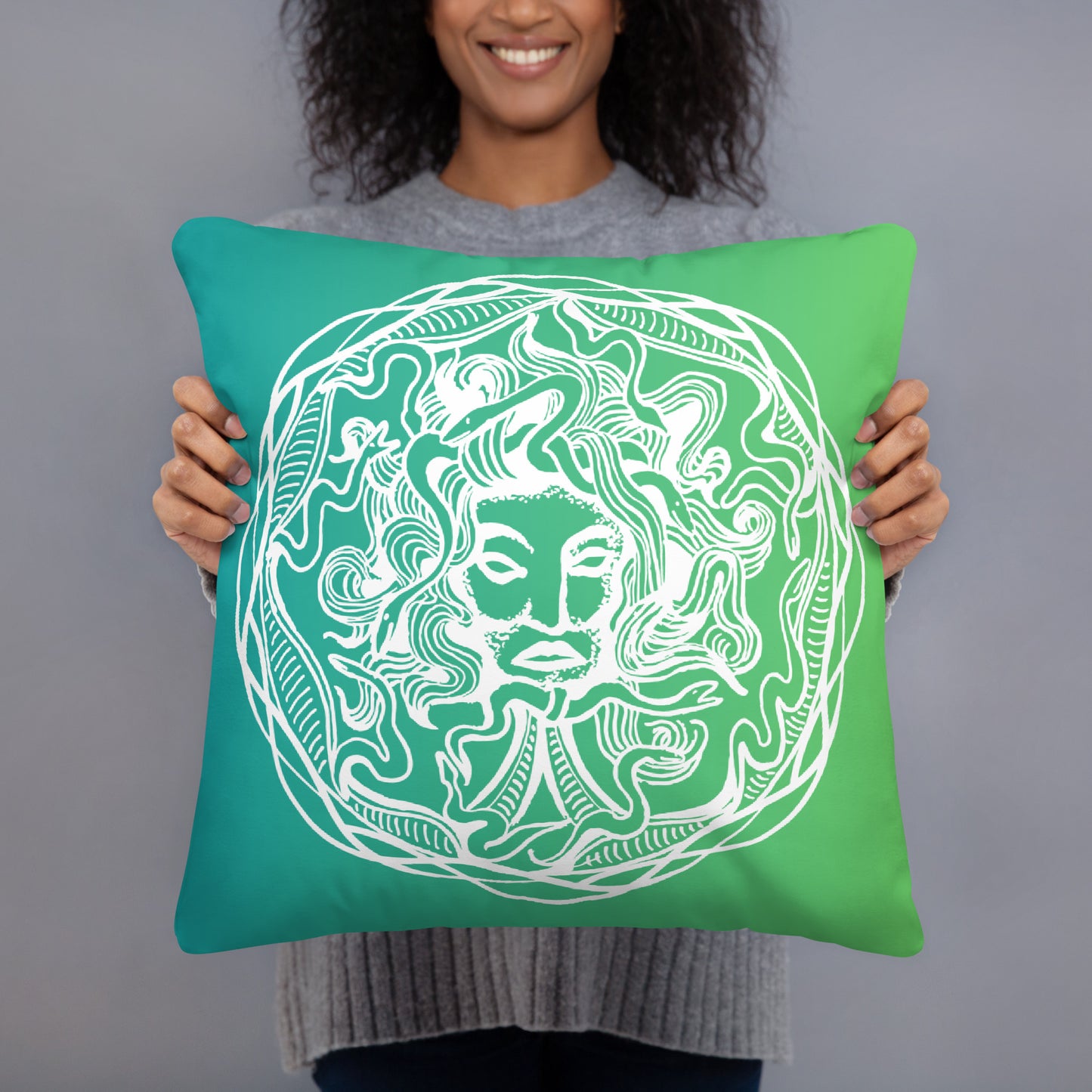 Medusa Circle Emblem Design Green Gradient Throw Pillow 18" x 18" Square Pillow