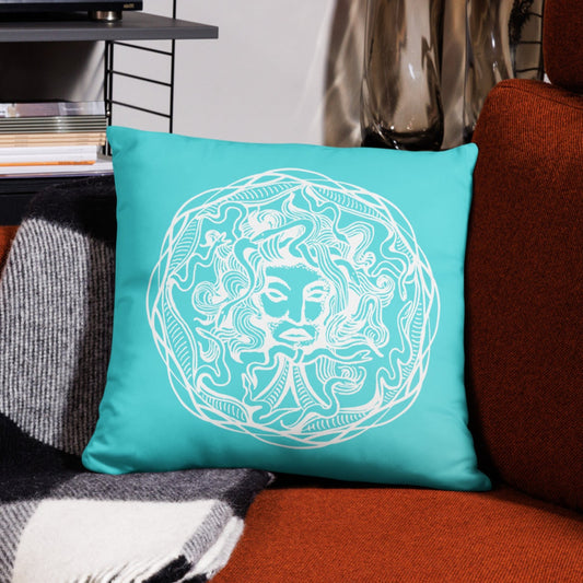 Medusa Circle Emblem Design Bright Blue Throw Pillow 18" x 18" Square Pillow