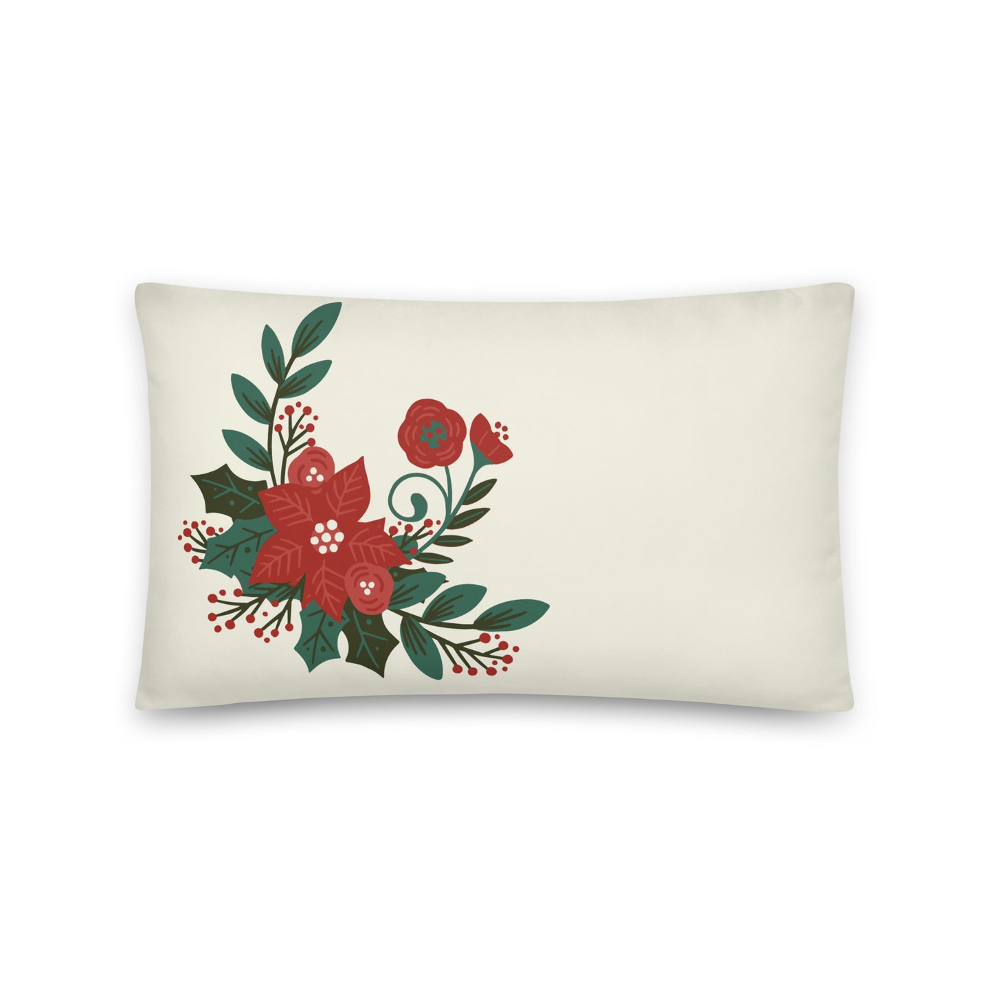 Poinsettia Holly Berry Cream Decorative Pillow 12" x 20" Throw Pillow