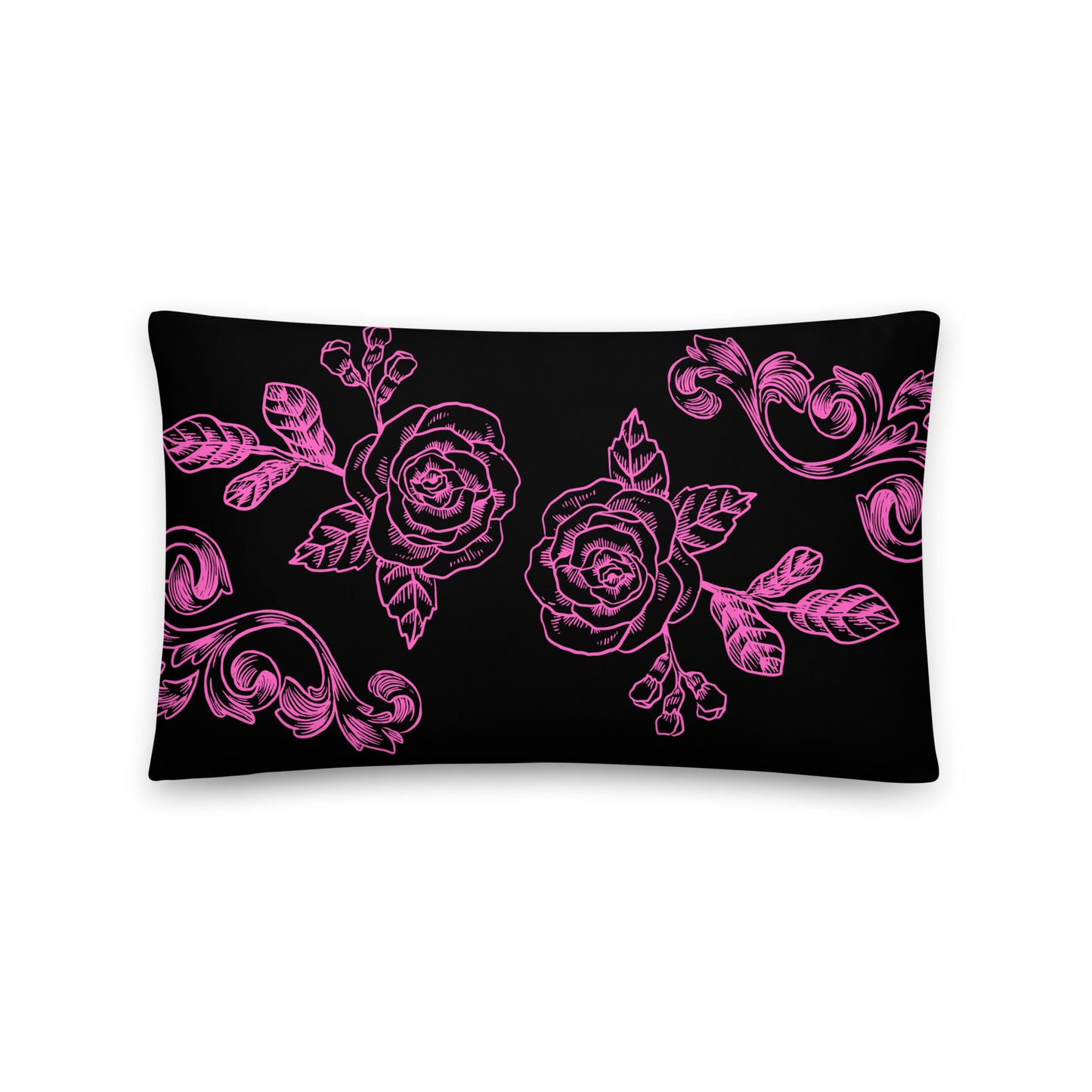 Pink Flower Filigree Black Decorative Pillow 12" x 20" Pillow