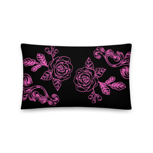 Pink Flower Filigree Black Decorative Pillow 12" x 20" Pillow