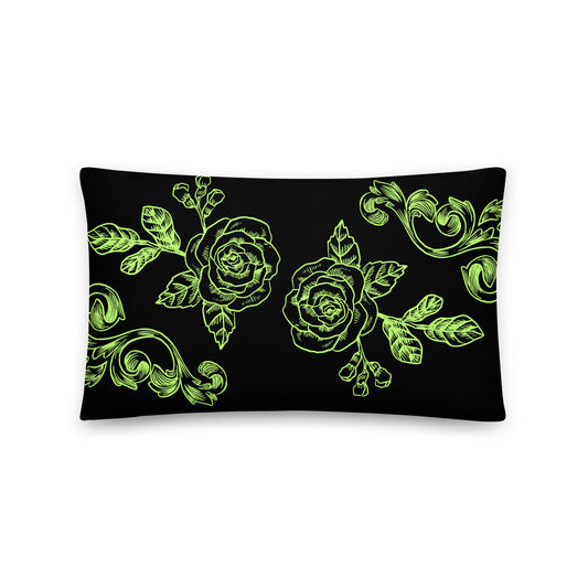 Green Flower Filigree Black Decorative Pillow 12" x 20" Pillow