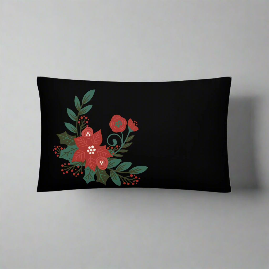 Poinsettia Holly Berry Black Decorative Pillow 12" x 20" Throw Pillow