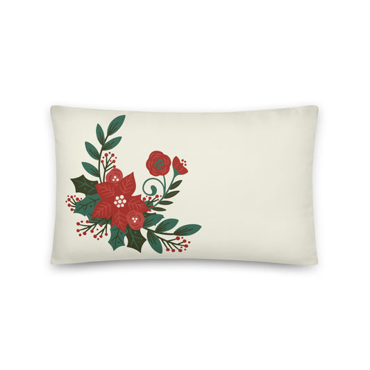 Poinsettia Holly Berry Cream Decorative Pillow 12" x 20" Throw Pillow