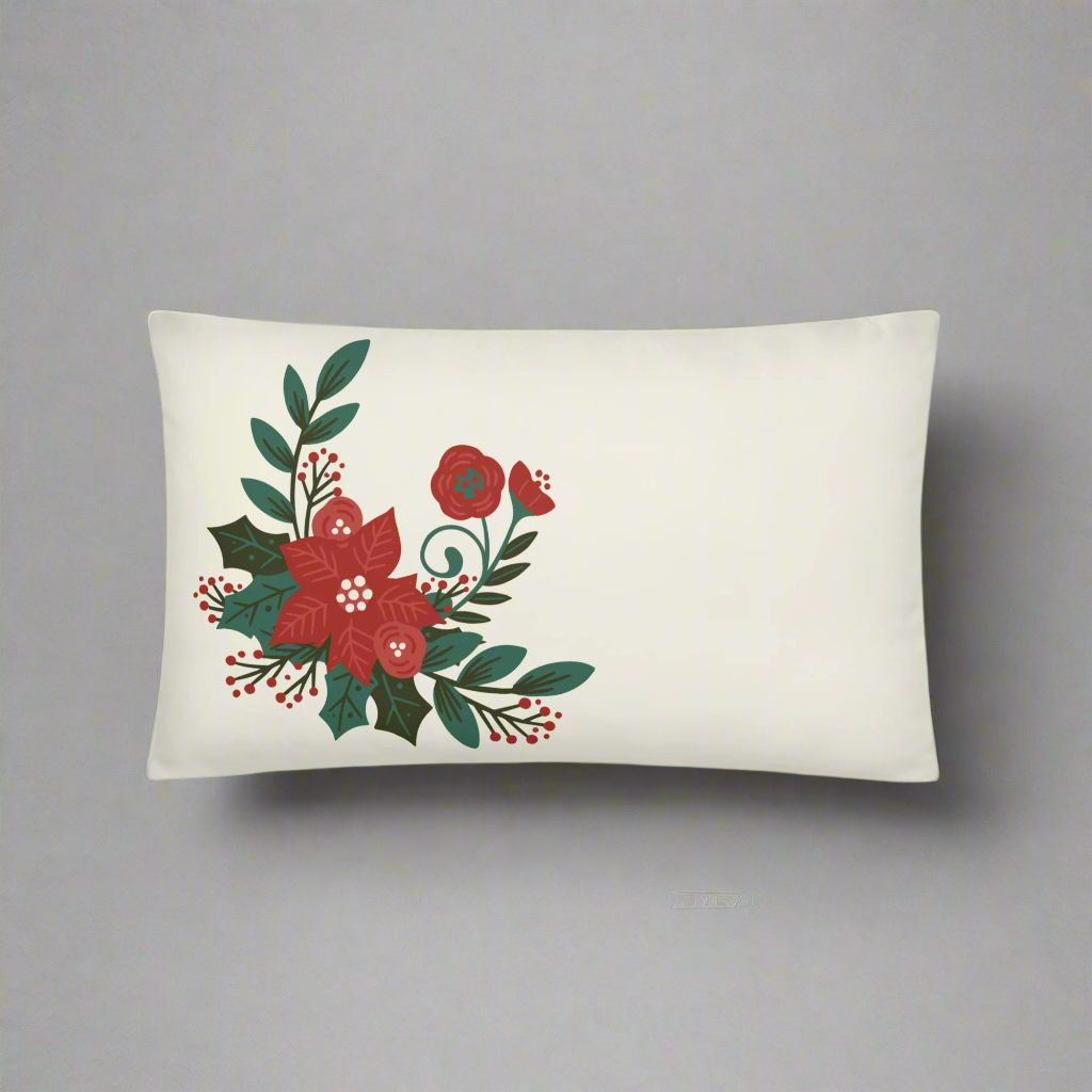 Poinsettia Holly Berry Cream Decorative Pillow 12" x 20" Throw Pillow