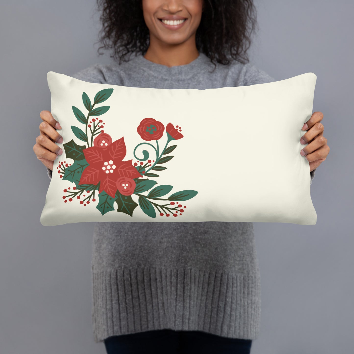 Poinsettia Holly Berry Cream Decorative Pillow 12" x 20" Throw Pillow