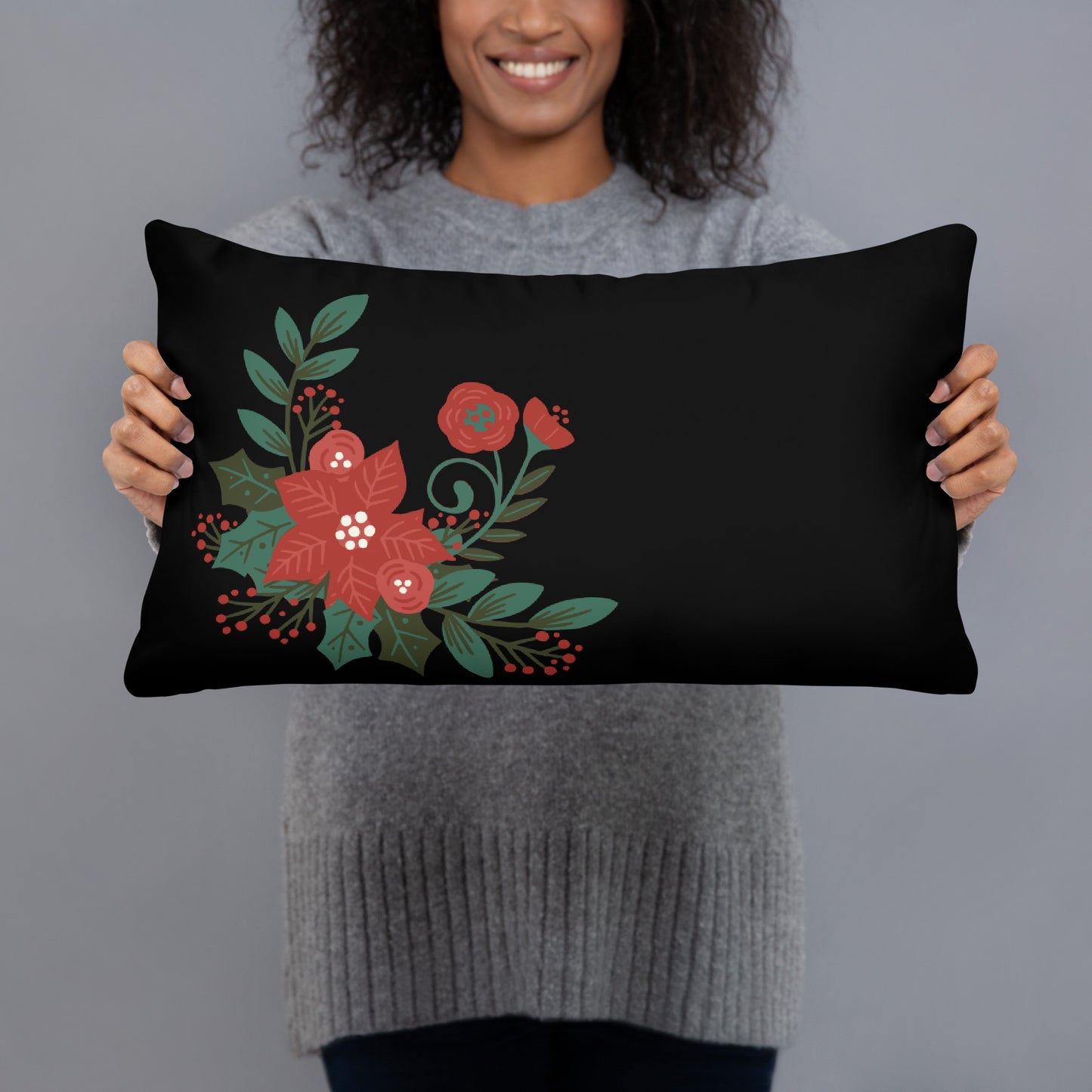 Poinsettia Holly Berry Black Decorative Pillow 12" x 20" Throw Pillow