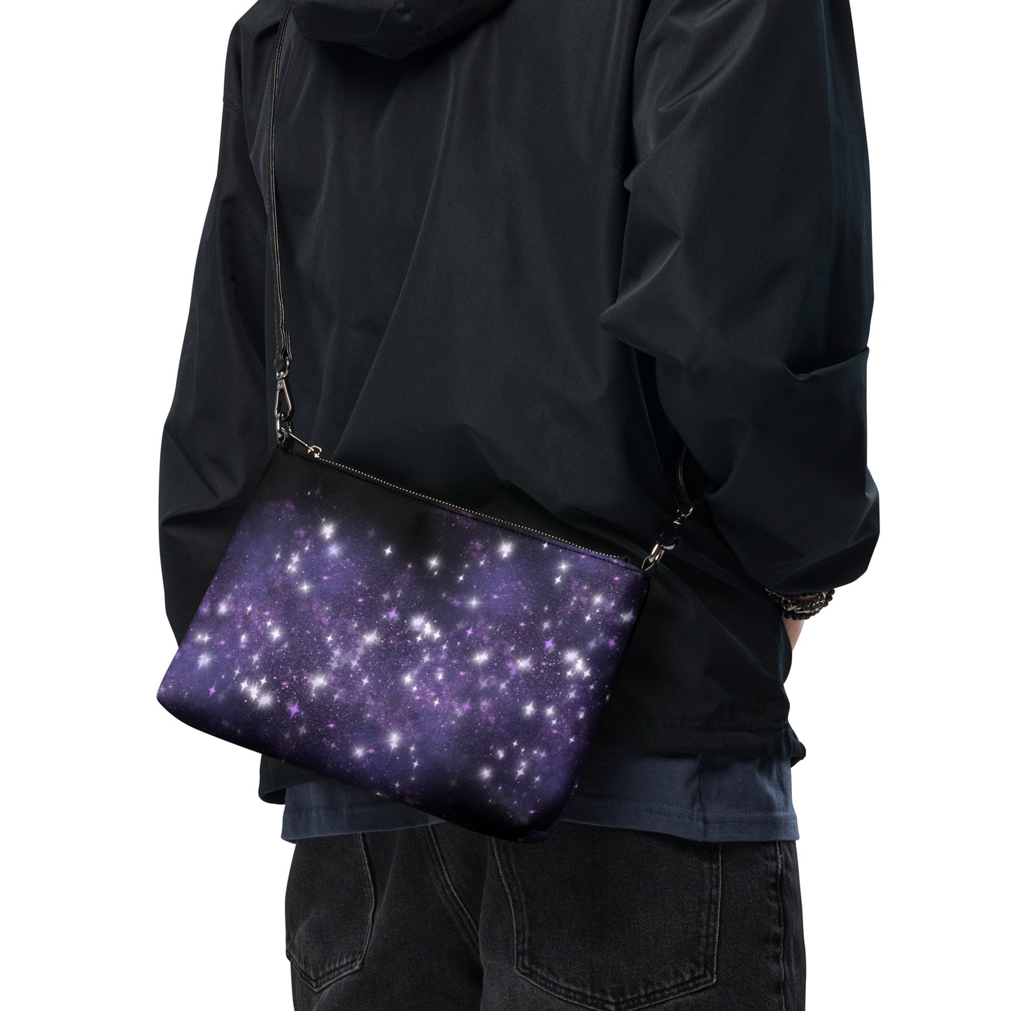 Quest Purple Galaxy Black Crossbody Bag with Removable Wrist and Shoulder Straps