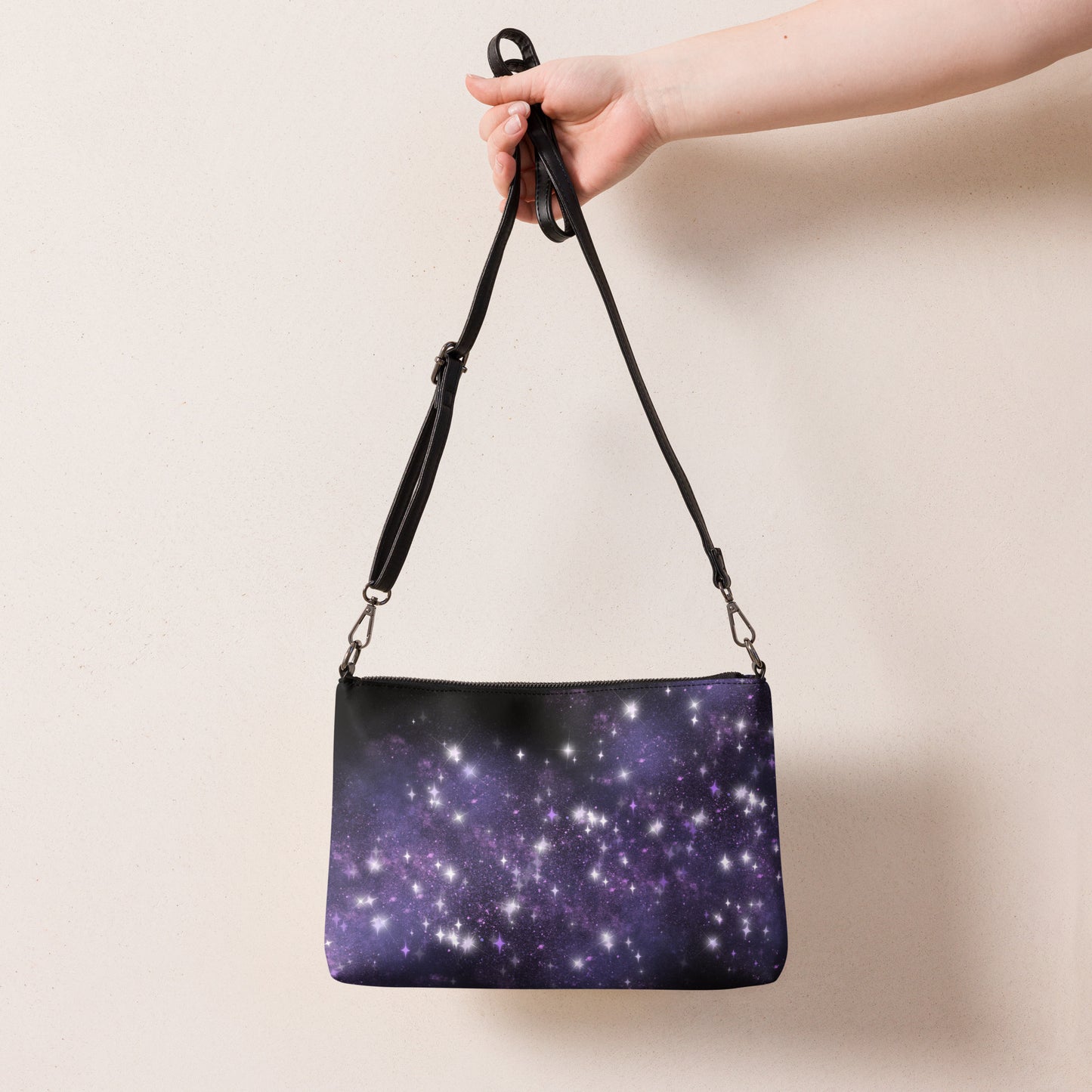 Quest Purple Galaxy Black Crossbody Bag with Removable Wrist and Shoulder Straps