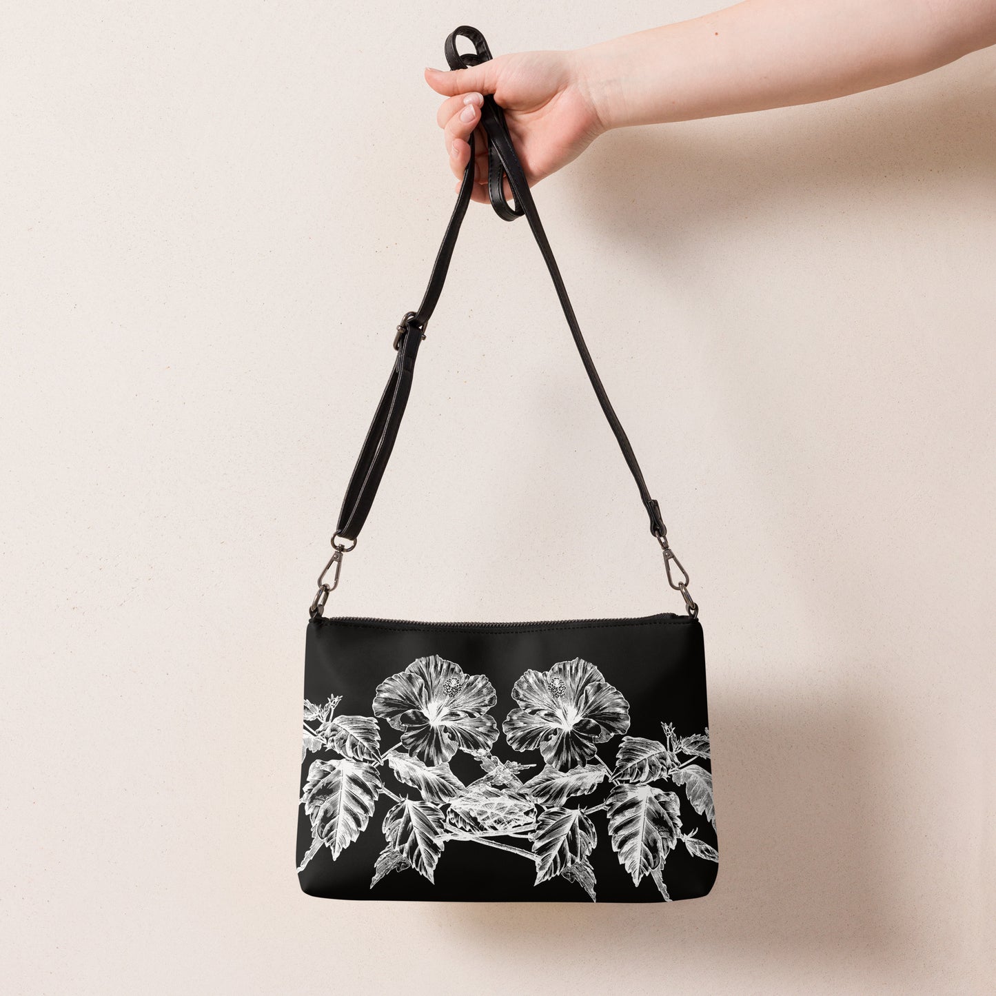 White Flowers Black Crossbody Bag with Removable Wrist and Shoulder Straps