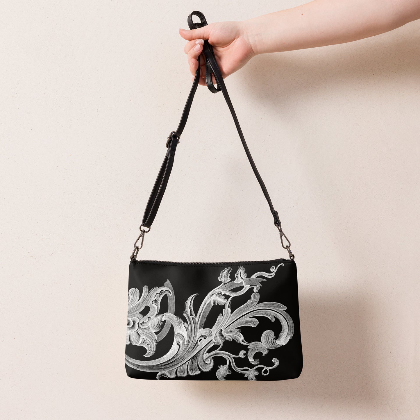 Art Nouveau Filigree Black Crossbody Bag with Removable Wrist and Shoulder Straps