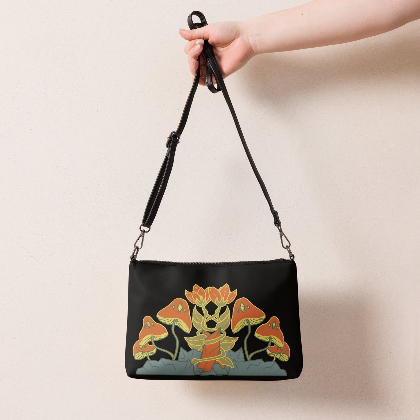 Retro Style Mushrooms Flowers Crystal Black Crossbody Bag with Removable Wrist and Shoulder Straps