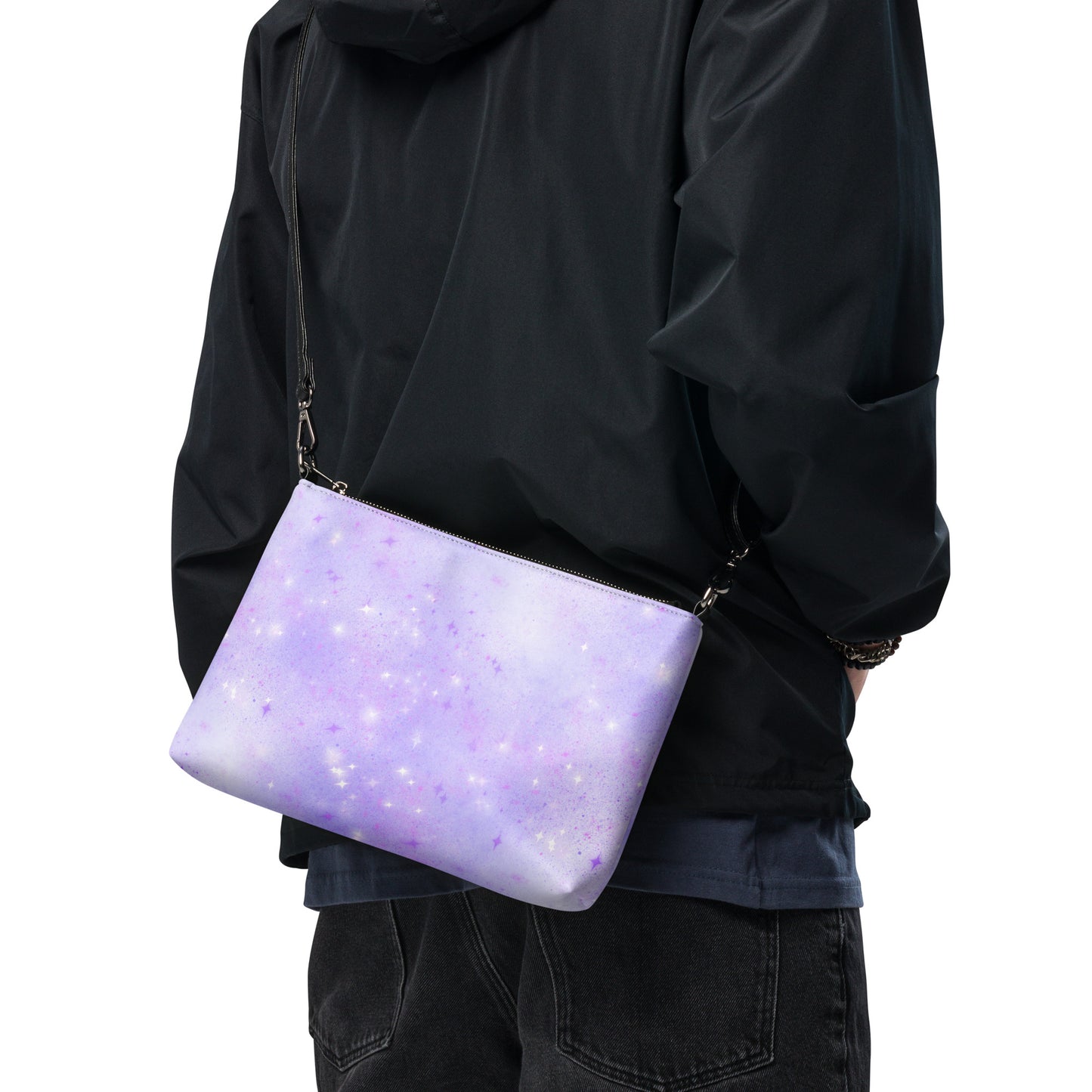 Quest Purple Galaxy White Crossbody Bag with Removable Wrist and Shoulder Straps