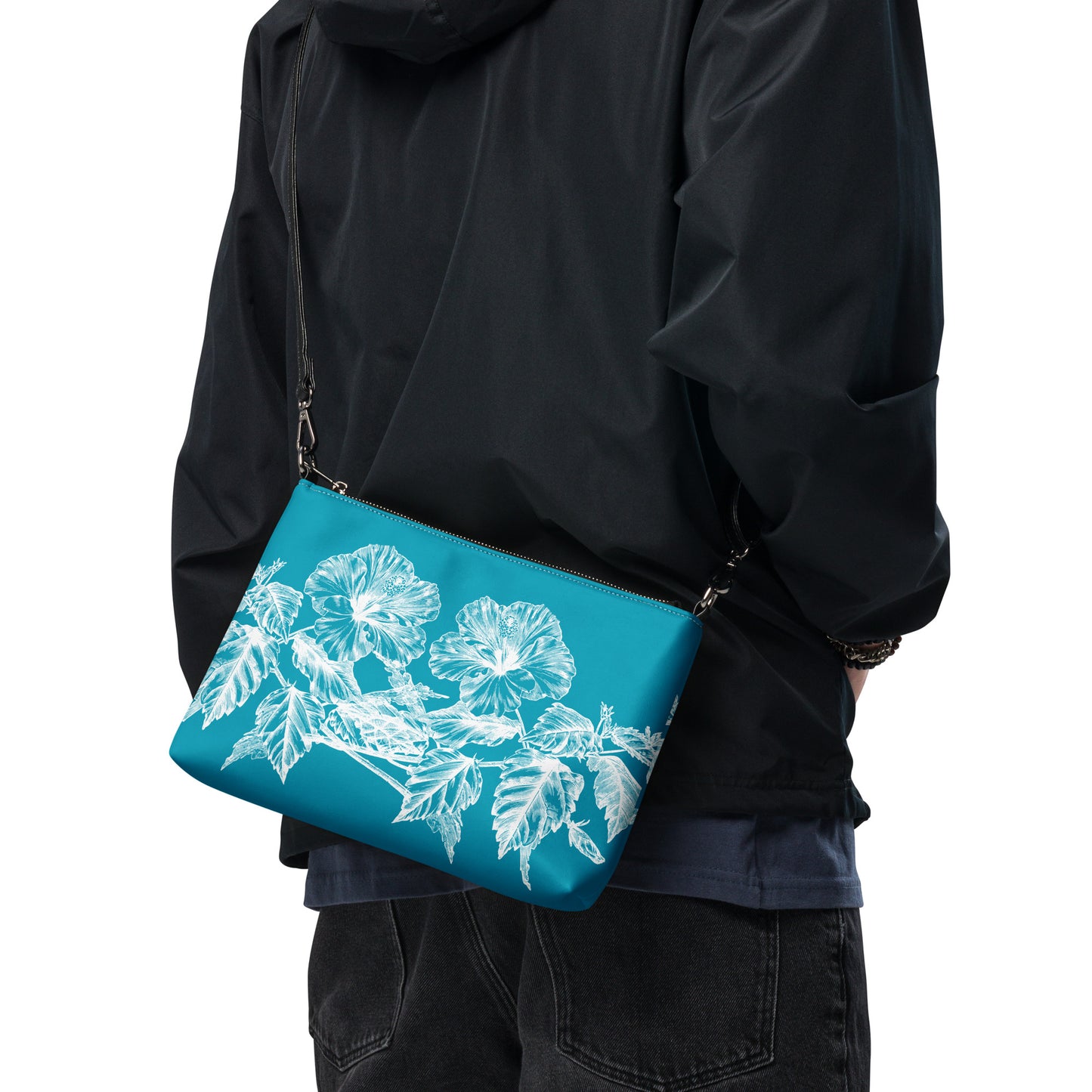 White Flowers Teal Crossbody Bag with Removable Wrist and Shoulder Straps