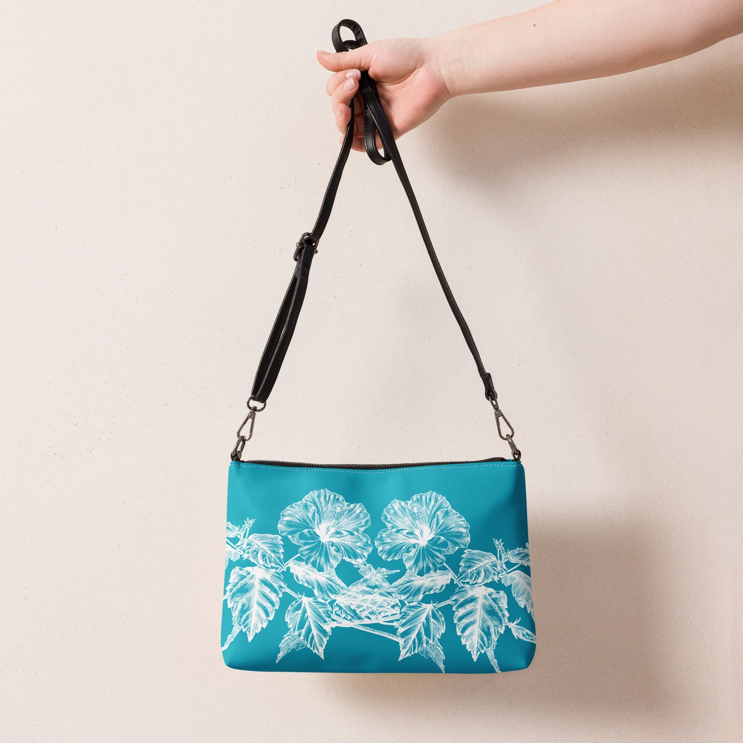 White Flowers Teal Crossbody Bag with Removable Wrist and Shoulder Straps