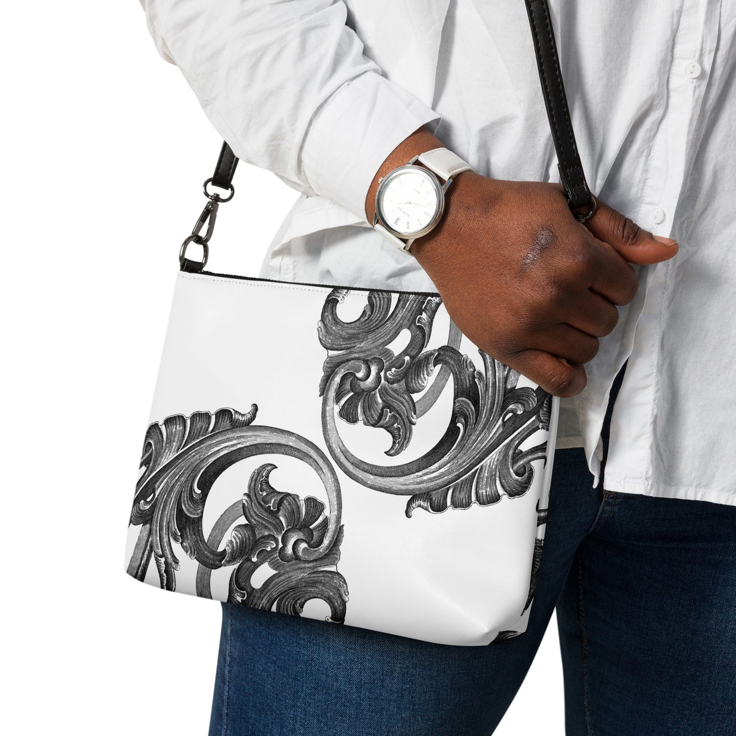 Art Nouveau Filigree White Crossbody Bag with Removable Wrist and Shoulder Straps