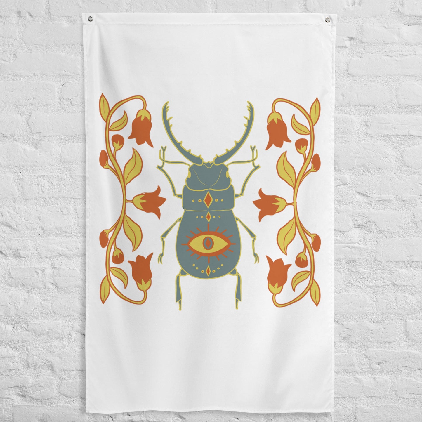 Retro Style Beetle Insect White Flag 34 ½" x 56" Wall Decor