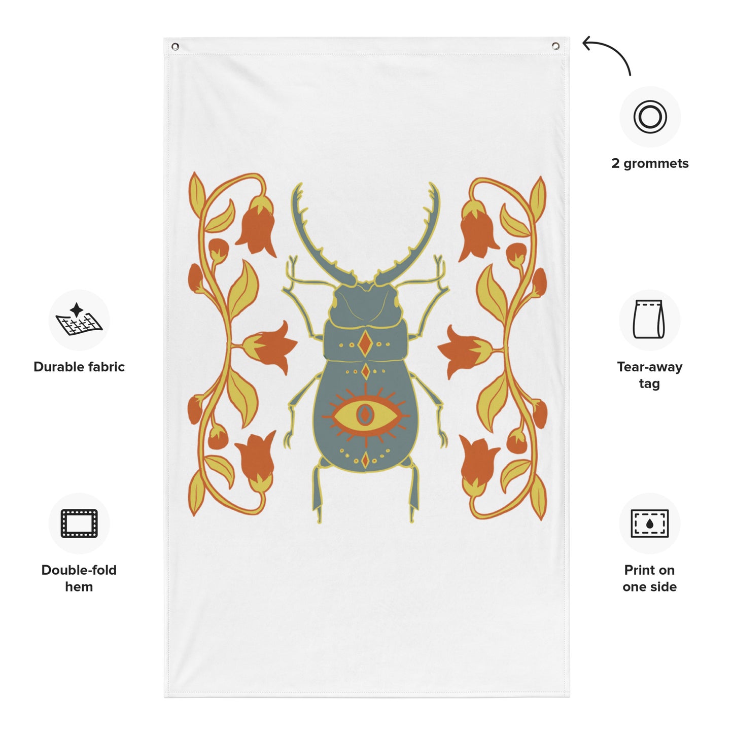 Retro Style Beetle Insect White Flag 34 ½" x 56" Wall Decor