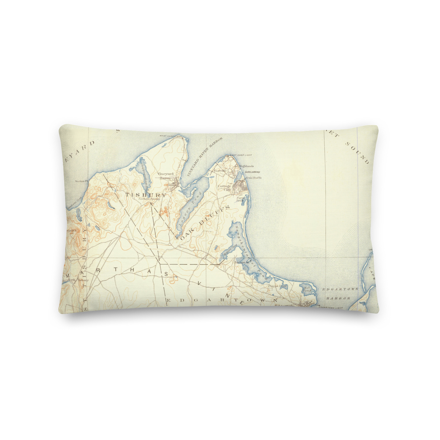 Premium Throw Pillow 12" x 20" Marthas Vineyard MA 1887 Historical Map