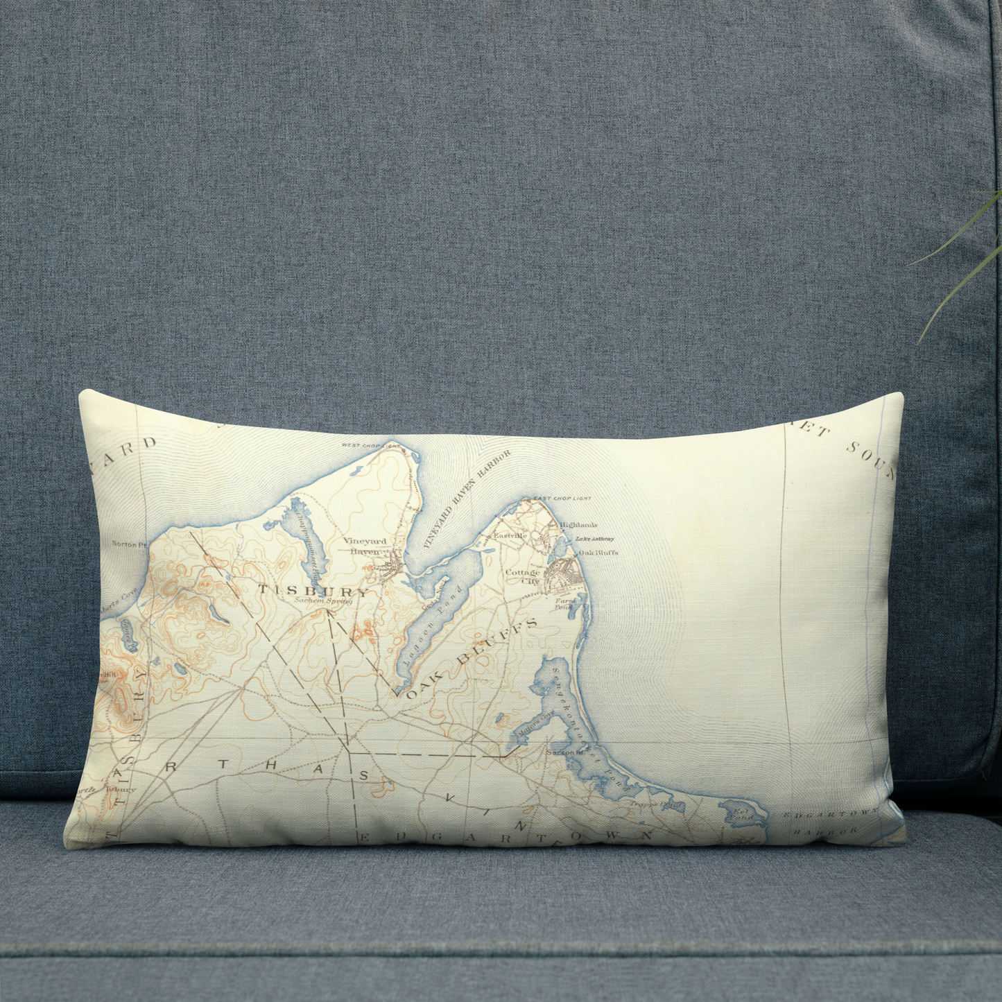 Premium Throw Pillow 12" x 20" Marthas Vineyard MA 1887 Historical Map