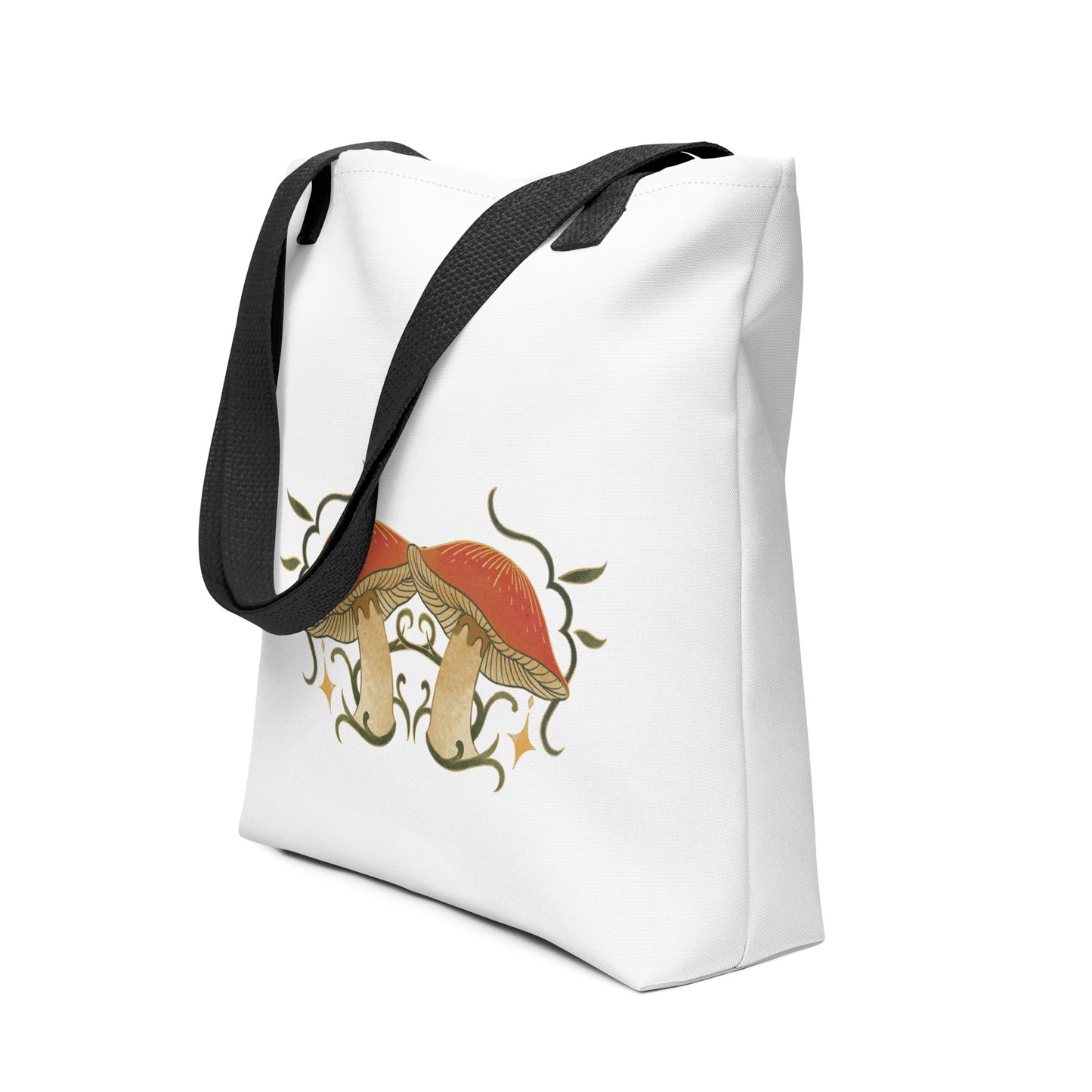 Autumn Mushrooms White Tote Bag Black Handle