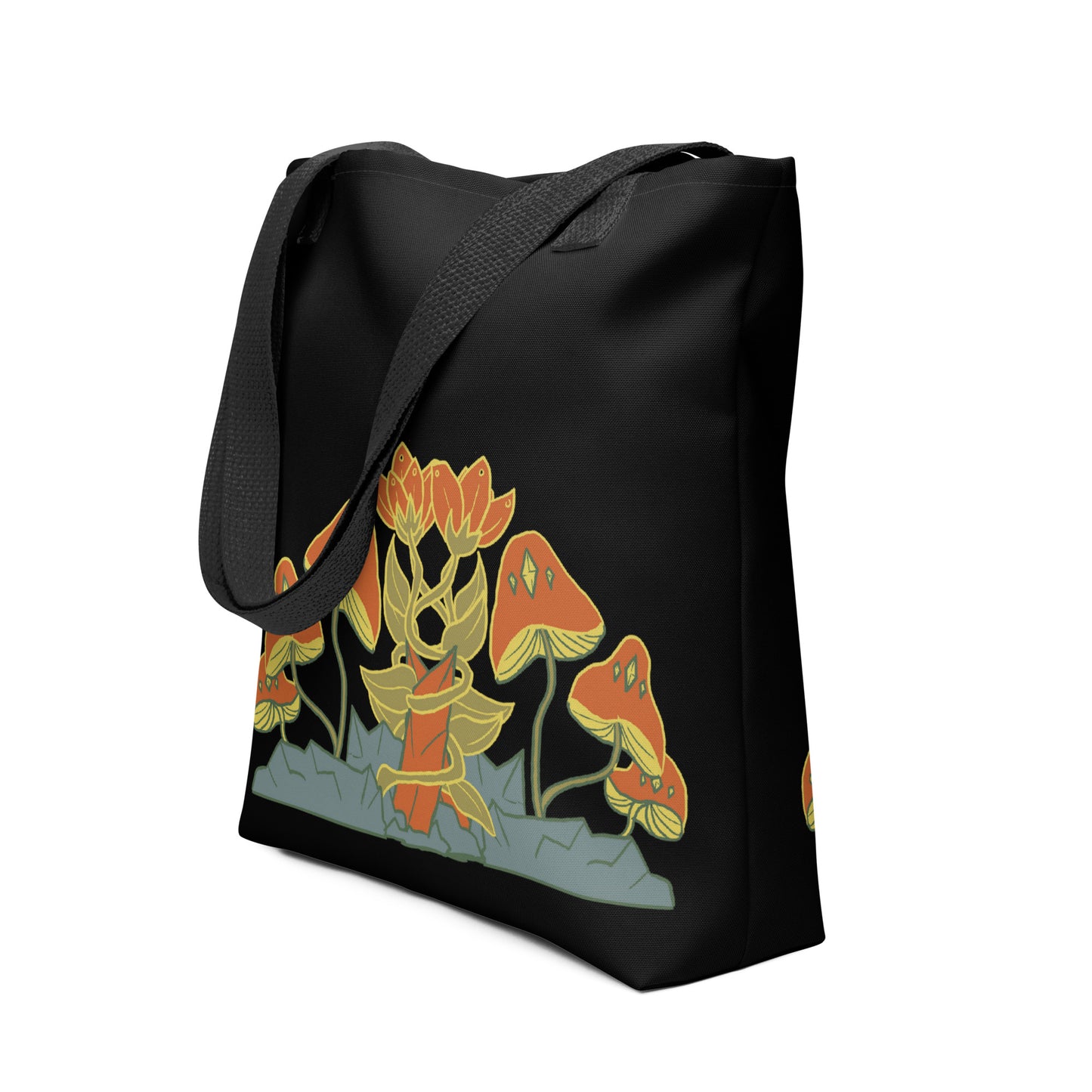 Retro Style Mushrooms Flowers Crystal Black Tote Bag