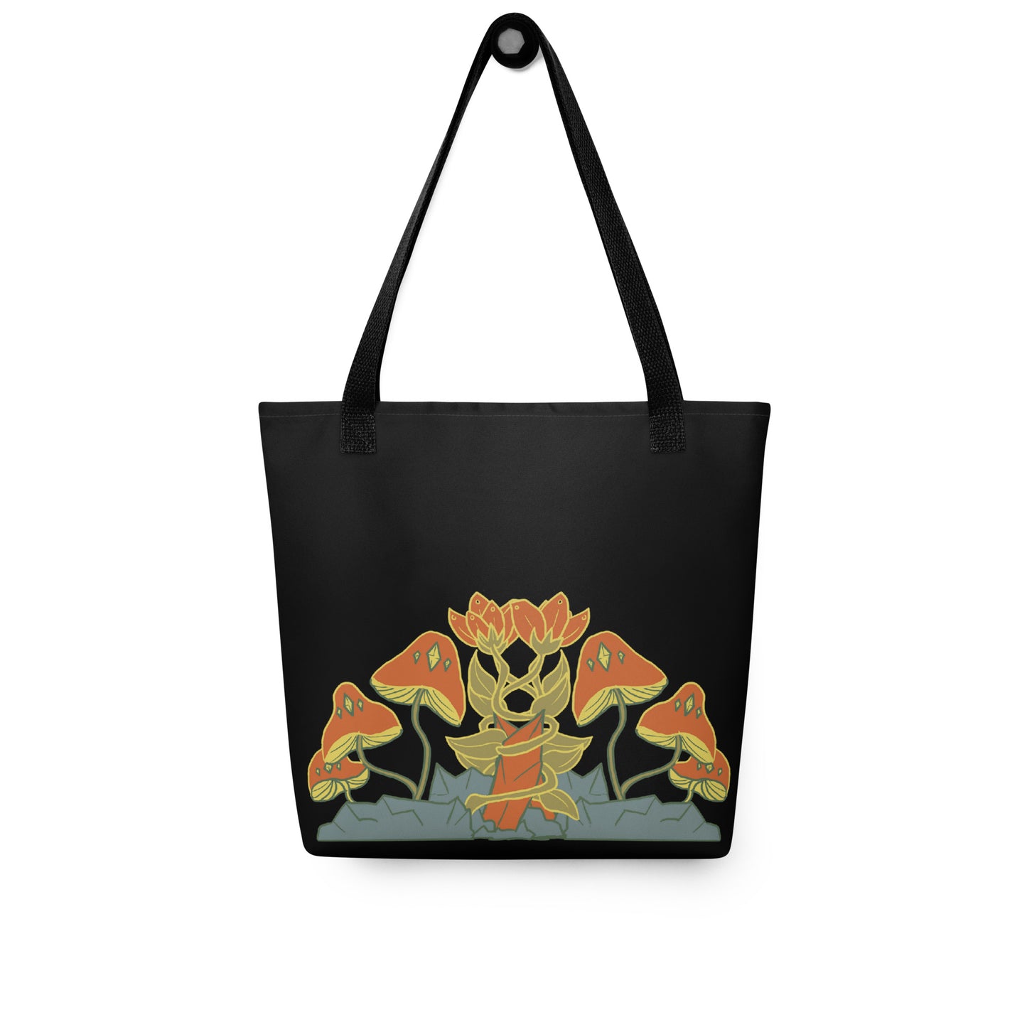 Retro Style Mushrooms Flowers Crystal Black Tote Bag