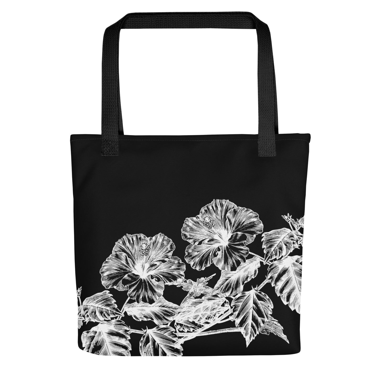 White Flowers Black Tote Bag