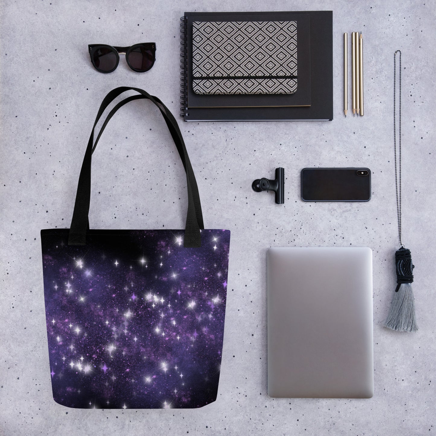 Quest Purple Galaxy Black Tote Bag