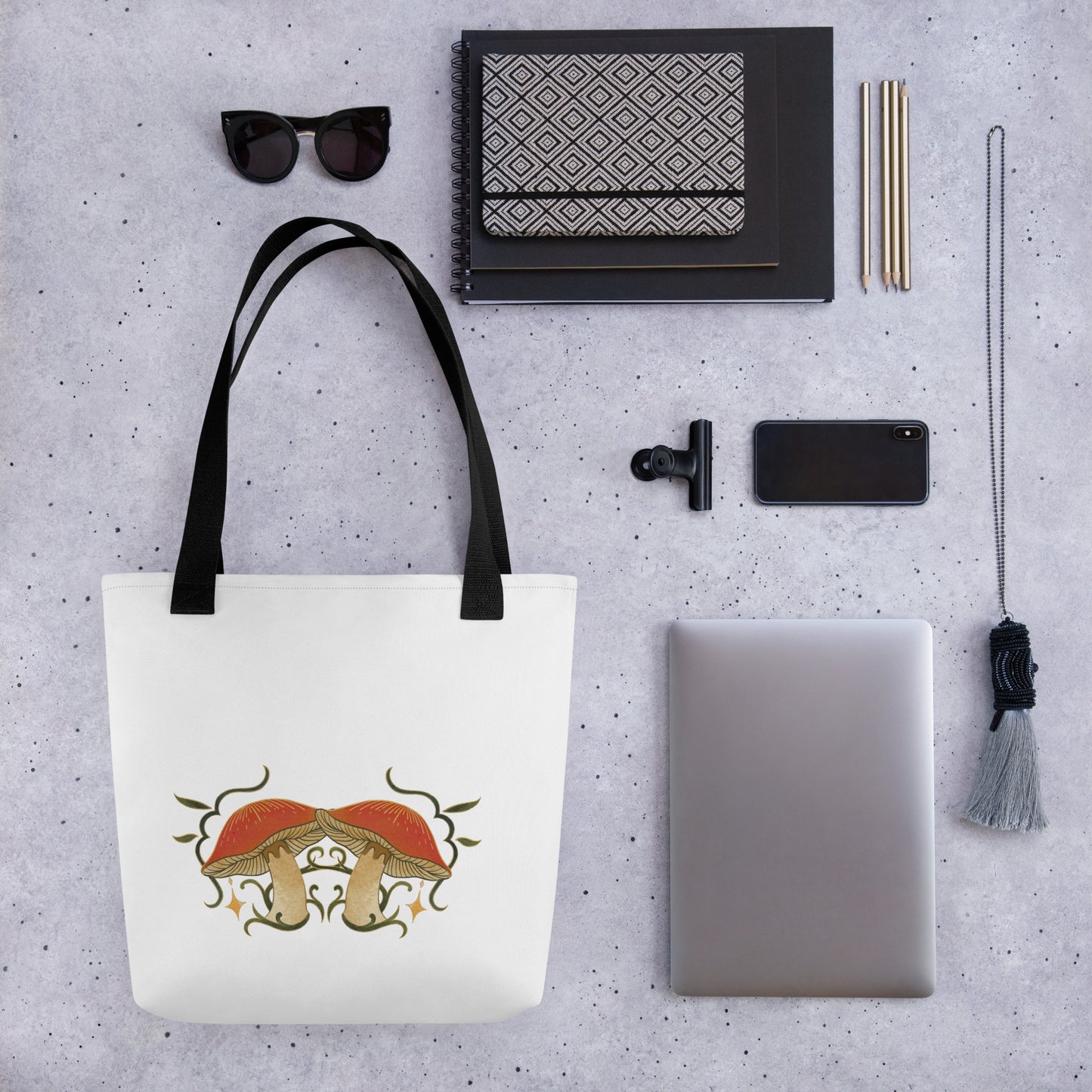 Autumn Mushrooms White Tote Bag Black Handle