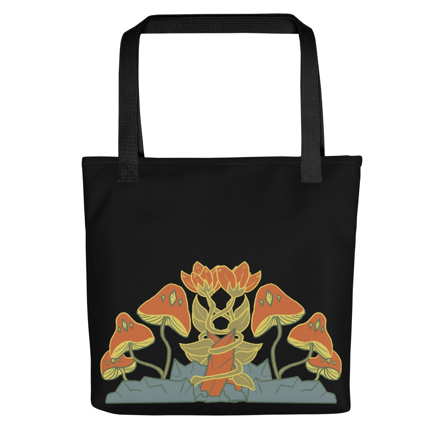 Retro Style Mushrooms Flowers Crystal Black Tote Bag