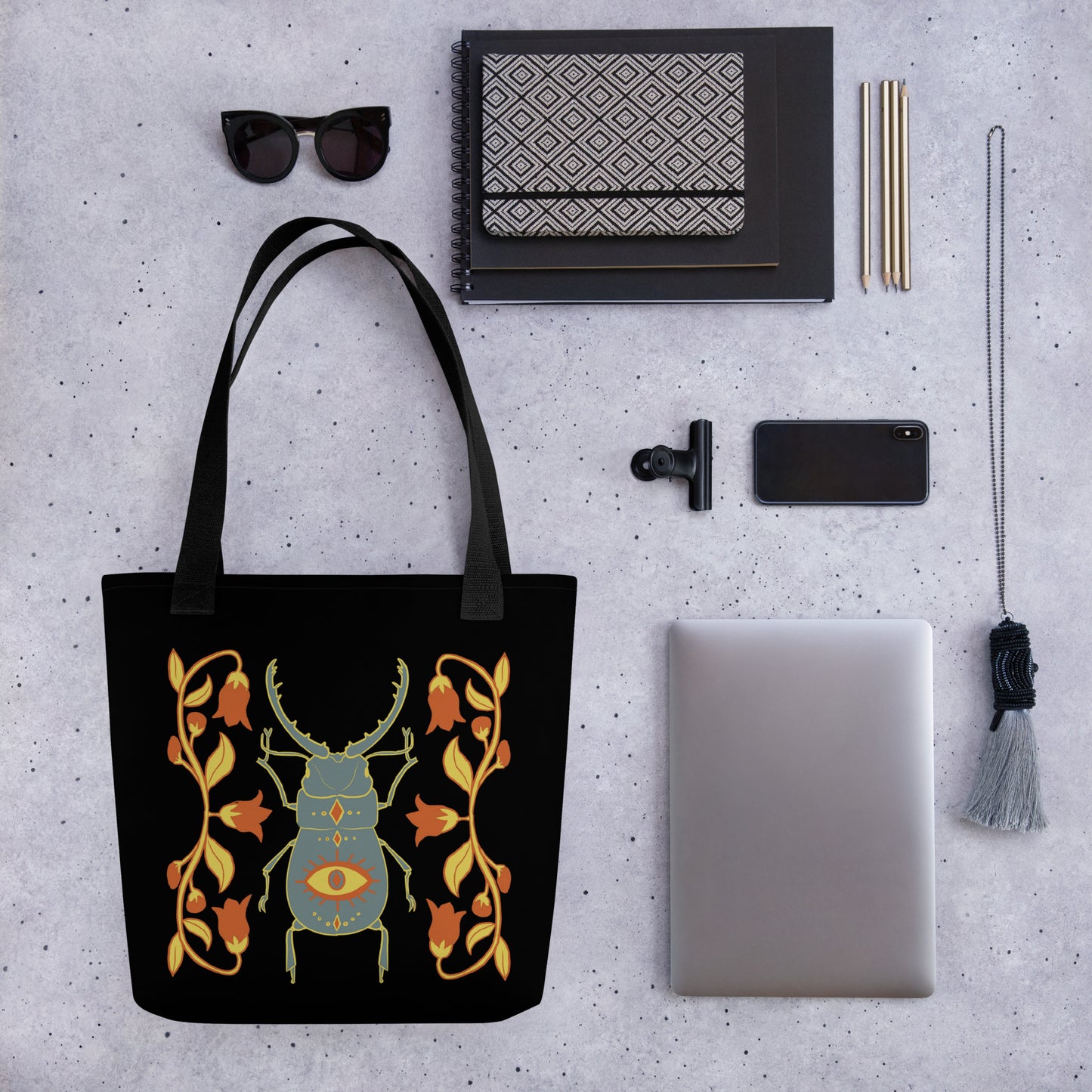 Retro Style Beetle Insect Black Tote Bag